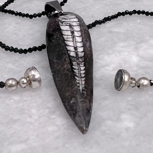 Fossil Orthoceras Silver Pendant with Thai Black Spinel Beaded 18” Necklace - Picture 5 of 14